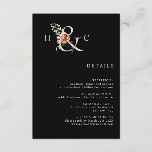Floral Ampersand Elegant Wedding Details Black Enclosure Card