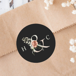 Floral Ampersand Elegant Wedding Monogram Black Classic Round Sticker