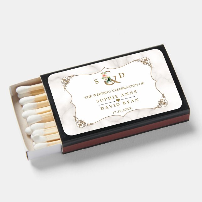 Floral Ampersand Gold Fleur-de-lis Frame Wedding  Matchboxes (Front Open)