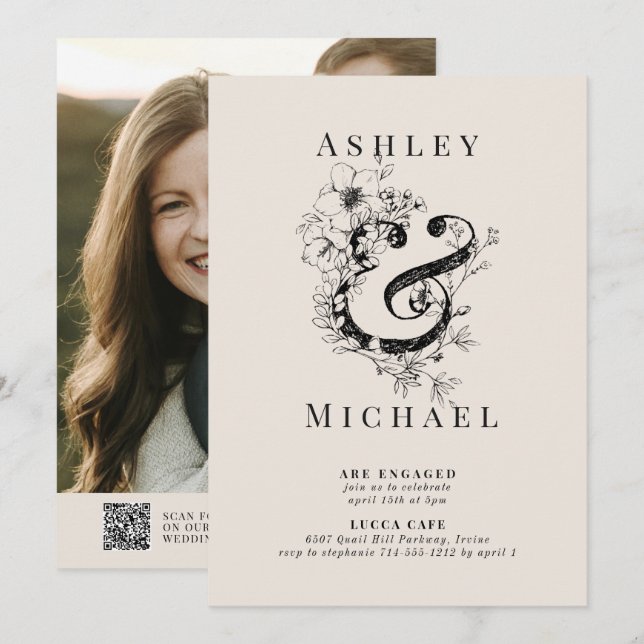 Floral Ampersand QR Code Blush Photo Engagement Invitation (Front/Back)