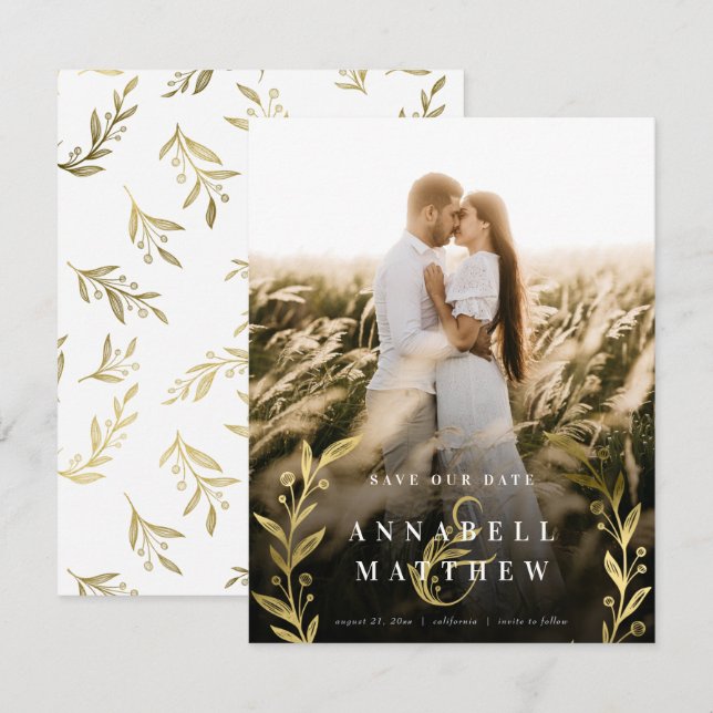 Floral Ampersand & Wreath in Gold Foil Full Photo Save The Date (Front/Back)