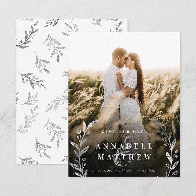 Floral Ampersand Wreath Silver Foil Full Photo Save The Date (Front/Back)