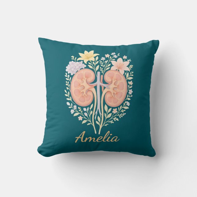Floral Anatomical Kidney Nephrology Nurse and Tech Throw Pillow (Front)