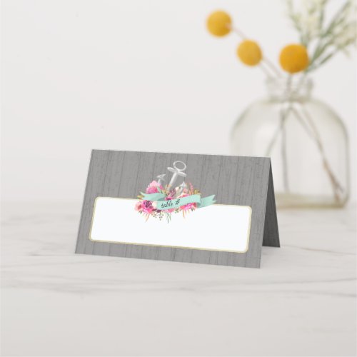 Floral Anchor and Shiplap Beach Wedding Place Card