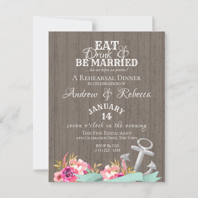 Floral Anchor and Shiplap Beach Wedding Rehearsal Invitation (Front)
