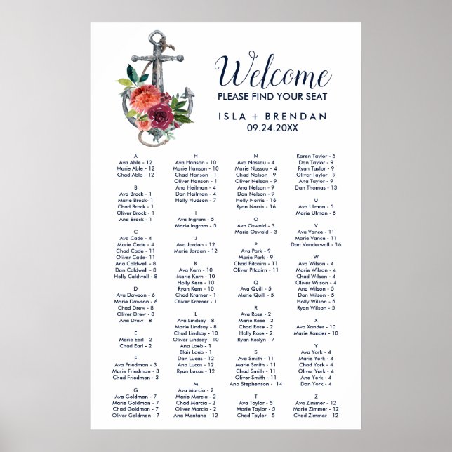 Floral Anchor | Autumn Alphabetical Seating Chart (Front)