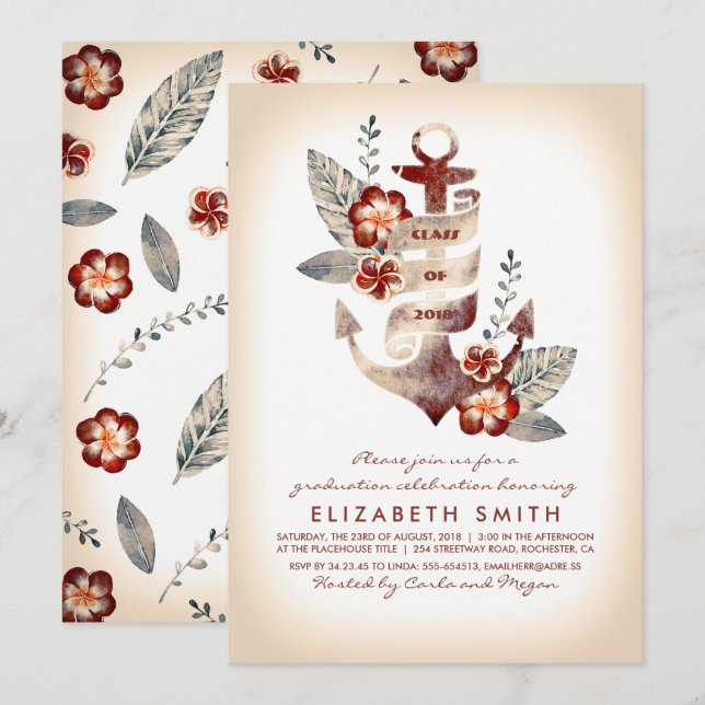 Floral Anchor - Beach Graduation Party Invitation (Front/Back)