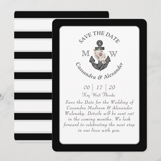 Floral Anchor Black White Gray Nautical Wedding  Invitation (Front/Back)