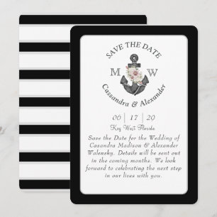 Floral Anchor Black White Gray Nautical Wedding  Invitation