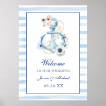 Floral Anchor Blue Stripes Beach Wedding Welcome Poster
