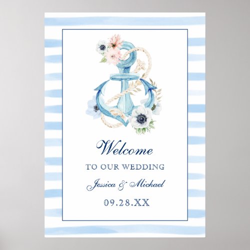 Floral Anchor Blue Stripes Beach Wedding Welcome Poster