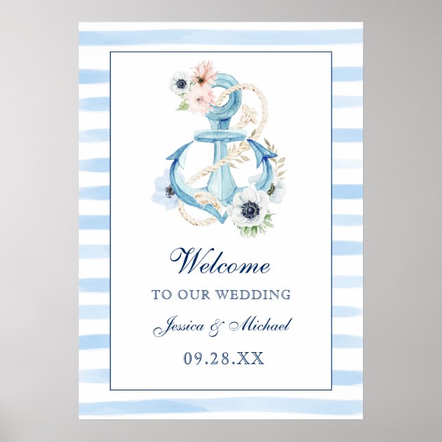 Floral Anchor Blue Stripes Beach Wedding Welcome Poster (Front)