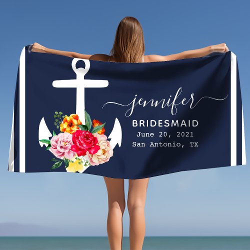 Floral Anchor Bridesmaid Gift Personalized Name Beach Towel