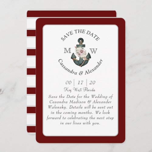 Floral Anchor Maroon Rust Red Nautical Wedding  Invitation