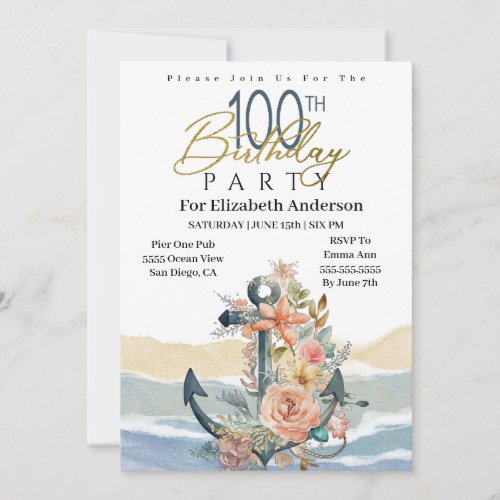 Floral Anchor Nautical 100th Birthday Invitation
