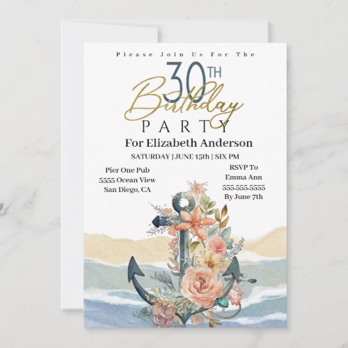 Floral Anchor Nautical 30th Birthday Invitation