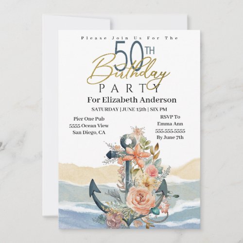 Floral Anchor Nautical 50th Birthday Invitation