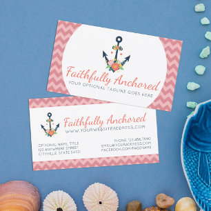 Floral Anchor Nautical Faith Navy & Coral Chevron Business Card