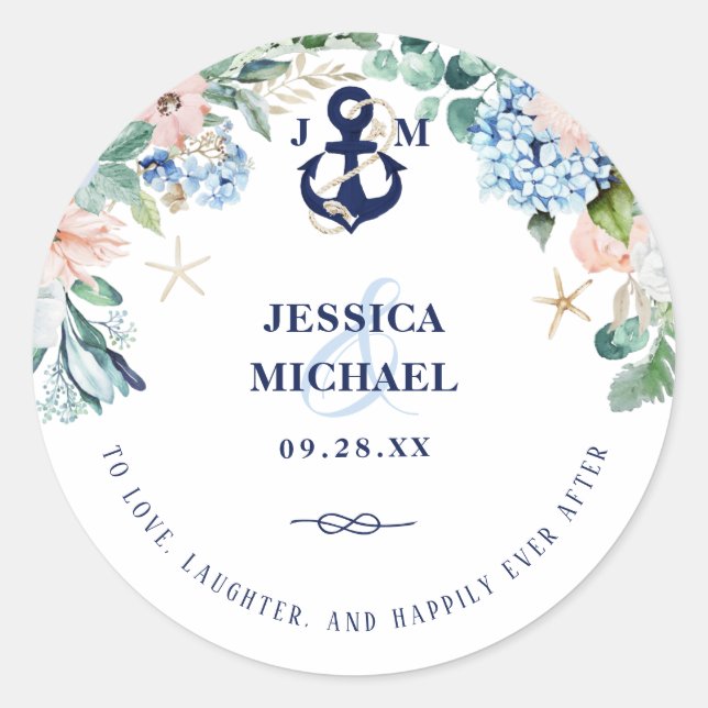 Floral Anchor Nautical Happily Ever After Wedding Classic Round Sticker (Front)