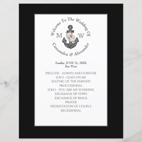 Floral Anchor Nautical Wedding Black White Program