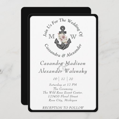 Floral Anchor Nautical Wedding Black White Stripe Invitation