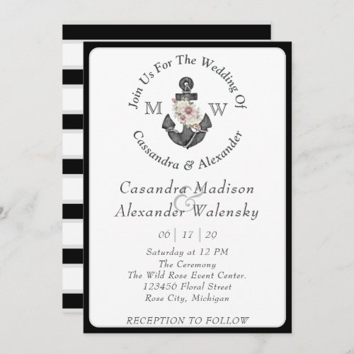 Floral Anchor Nautical Wedding Black White Stripe Invitation