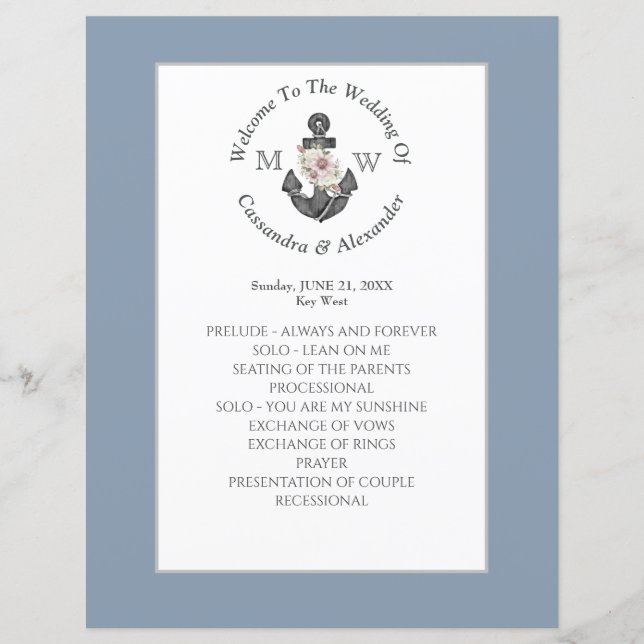 Floral Anchor Nautical Wedding Dusty Blue Program (Front)