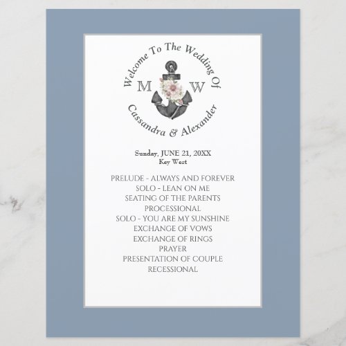 Floral Anchor Nautical Wedding Dusty Blue Program