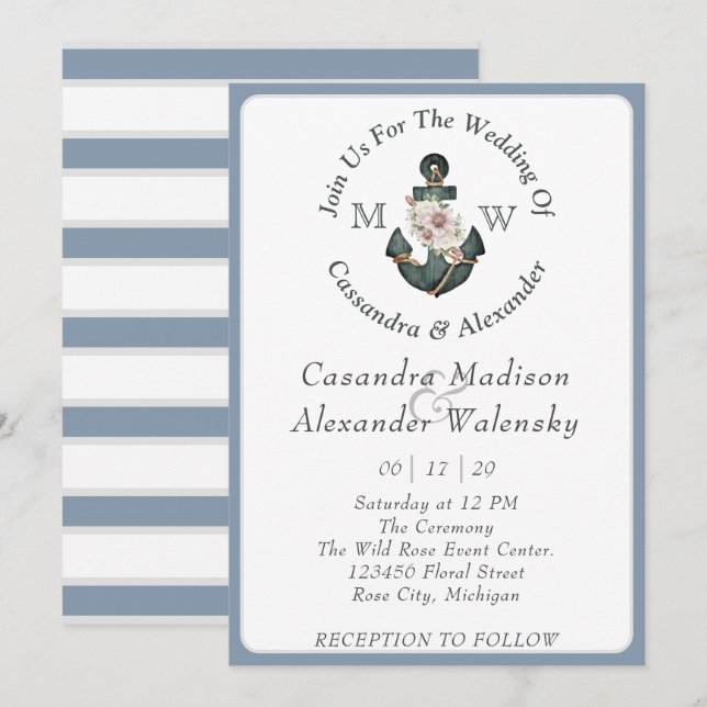 Floral Anchor Nautical Wedding Dusty Blue Stripe Invitation (Front/Back)