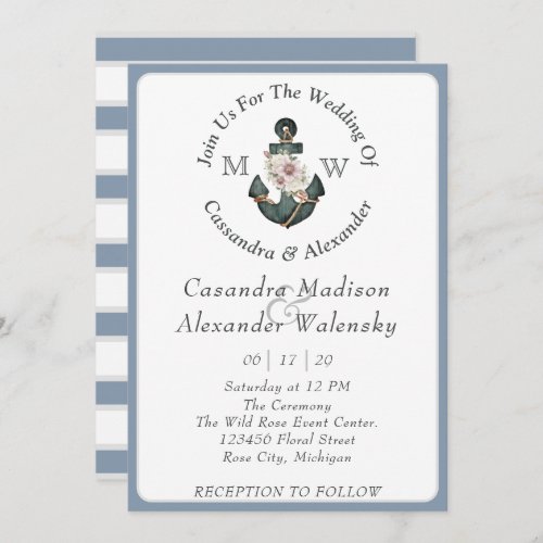 Floral Anchor Nautical Wedding Dusty Blue Stripe Invitation