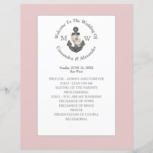 Floral Anchor Nautical Wedding Dusty Rose program