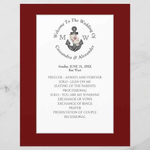 Floral Anchor Nautical Wedding Maroon Red Program