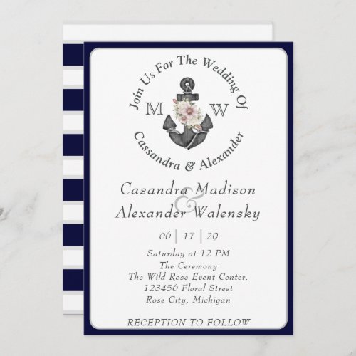 Floral Anchor Nautical Wedding Navy Blue Stripe Invitation