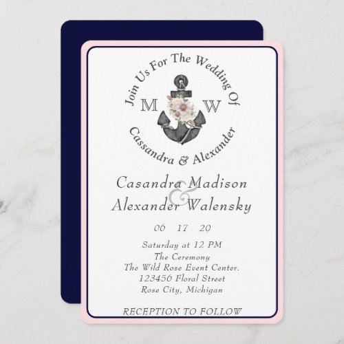  Floral Anchor Nautical Wedding Pink Navy Blue Invitation