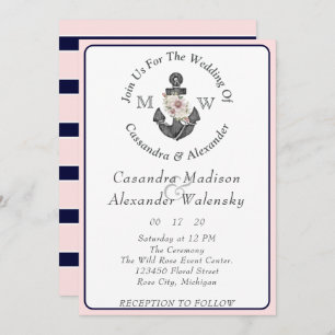 Floral Anchor Nautical Wedding Pink Navy Blue Invitation