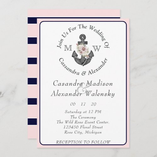  Floral Anchor Nautical Wedding Pink Navy Blue Invitation