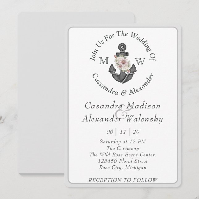 Floral Anchor Nautical Wedding Silver Gray Stripe Invitation (Front/Back)