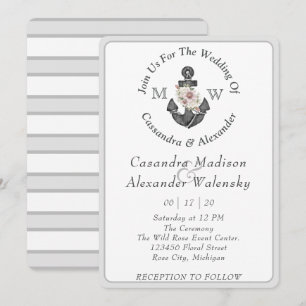 Floral Anchor Nautical Wedding Silver Gray Stripe Invitation
