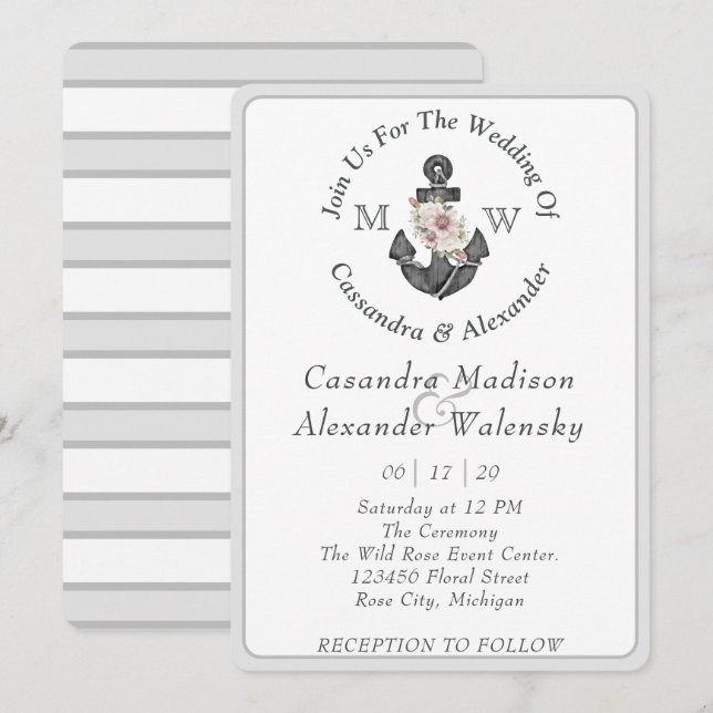 Floral Anchor Nautical Wedding Silver Gray Stripe Invitation (Front/Back)