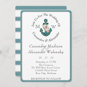 Floral Anchor Nautical Wedding Teal Aqua Blue  Invitation