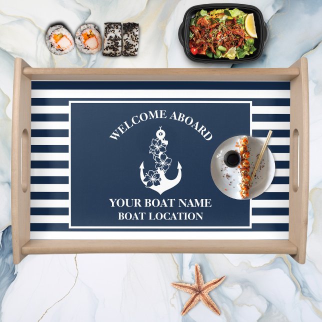 Floral Anchor Nautical Welcome Aboard Navy Striped Serving Tray (Creator Uploaded)