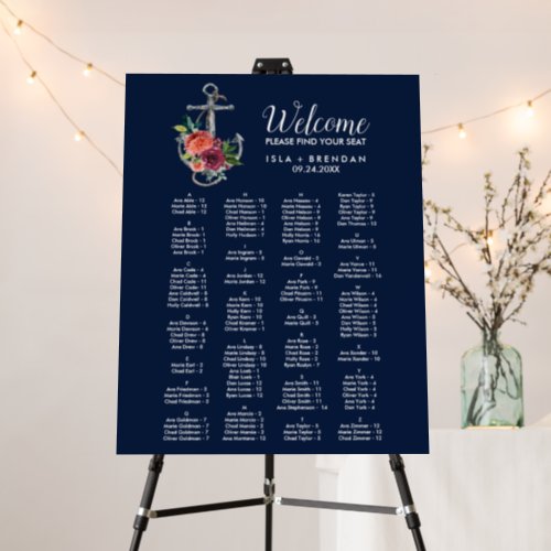 Floral Anchor Navy Autumn Alphabetical Table Plan Foam Board