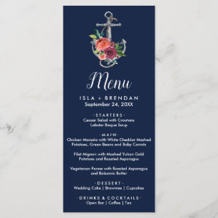 Floral Anchor   Navy Autumn Dinner Menu Card