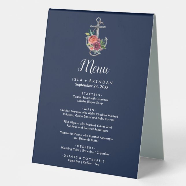Floral Anchor | Navy Autumn Dinner Menu Table Tent (Front)