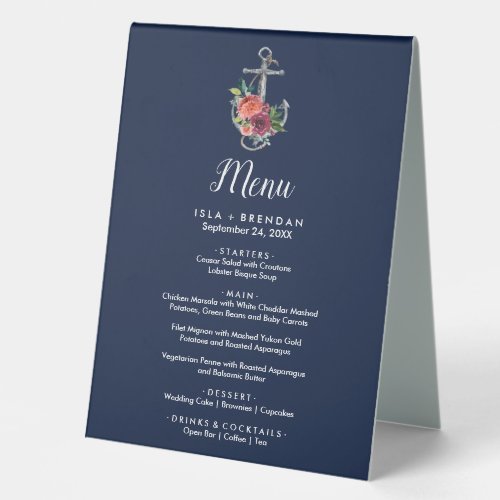 Floral Anchor  Navy Autumn Dinner Menu Table Tent Sign