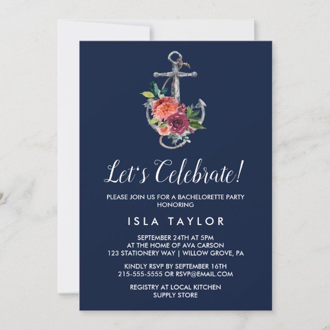 Floral Anchor | Navy Autumn Let's Celebrate Invitation (Front)