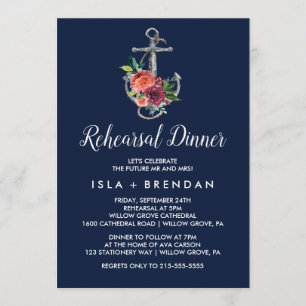 Floral Anchor Navy Autumn Rehearsal Dinner Invitation