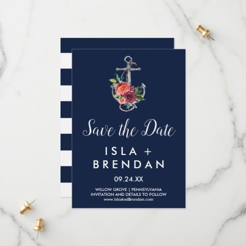Floral Anchor  Navy Autumn Save the Date Card