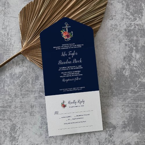 Floral Anchor  Navy Autumn Song Request Wedding A All In One Invitation