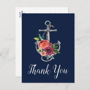 Floral Anchor Navy Autumn Thank You Postcard